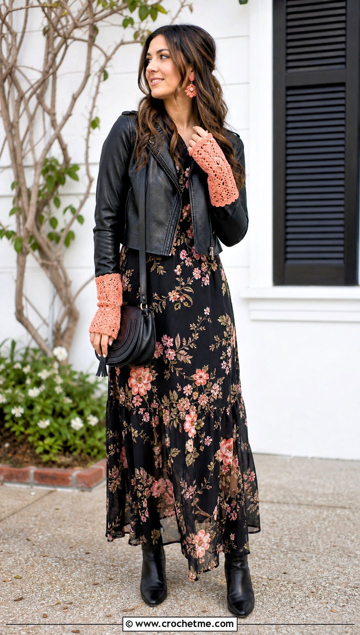 Lace Edge Granny Square Fingerless Gloves With Floral Maxi Dress - 35 granny square fingerless gloves outfit ideas