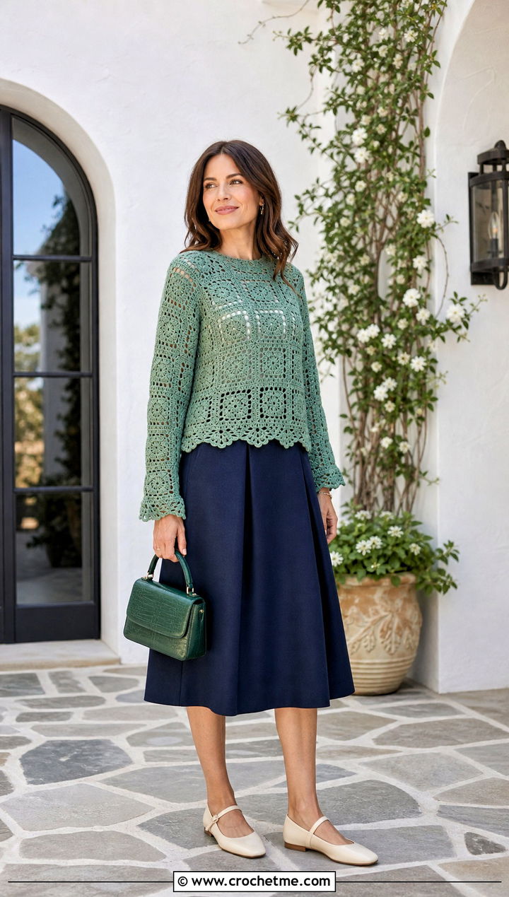 Lace Edge Granny Square Pullover Sweater With A Line Skirt - 35 Granny Square Pullover Sweater outfit ideas