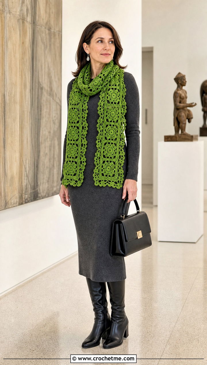 Lace Edge Granny Square Scarf With Knit Dress And Knee Boots - 35 granny square crochet scarf outfit ideas
