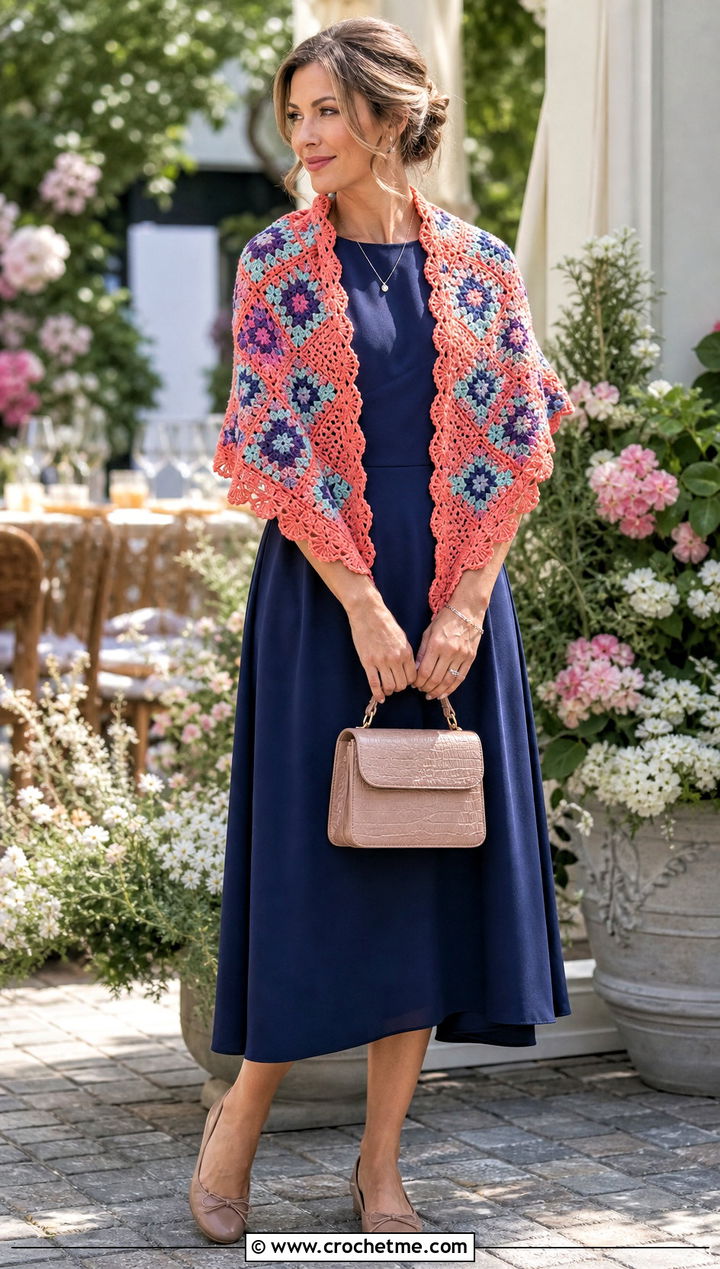 Lace Edge Granny Square Scarf With Midi Dress And Ballet Flats - 30 crochet granny square scarf outfit ideas