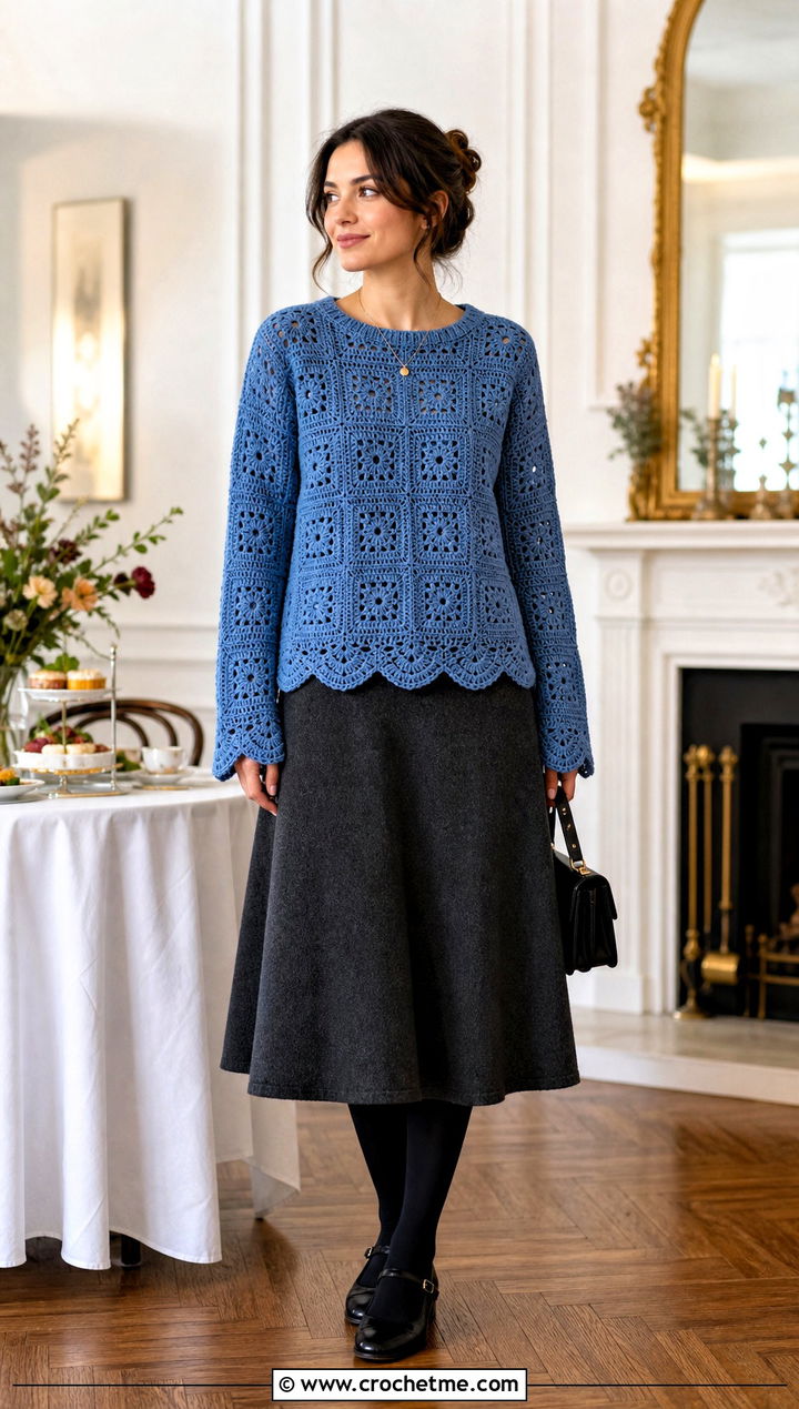 Lace Edge Granny Square Sweater With A Line Midi Skirt - 25 Fall Granny Square Sweater outfit ideas