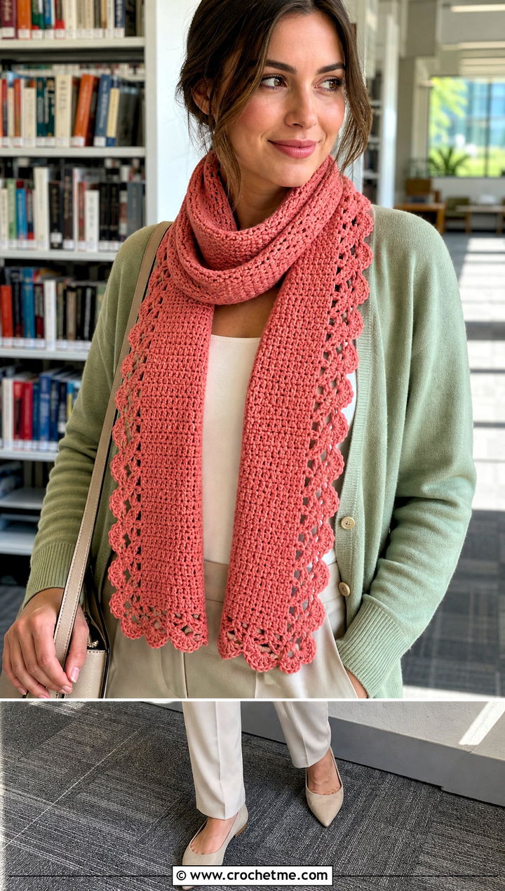 Lace Edge HDC Crochet Scarf With Cardigan And Trousers - 20 Hdc Crochet Scarf outfit ideas