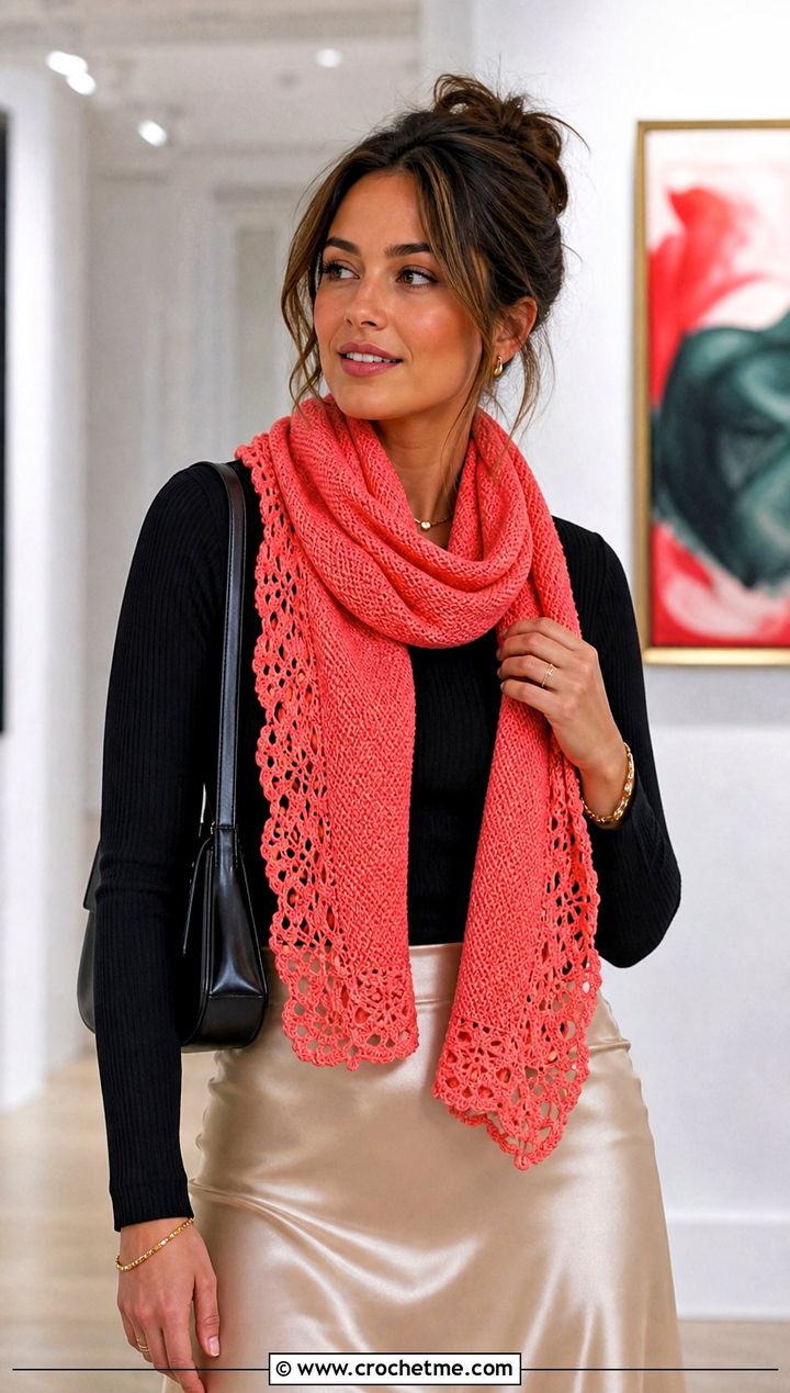 Lace Edge Lemon Peel Stitch Scarf With Satin Skirt - 20 Crochet Lemon Peel Stitch Scarf outfit ideas