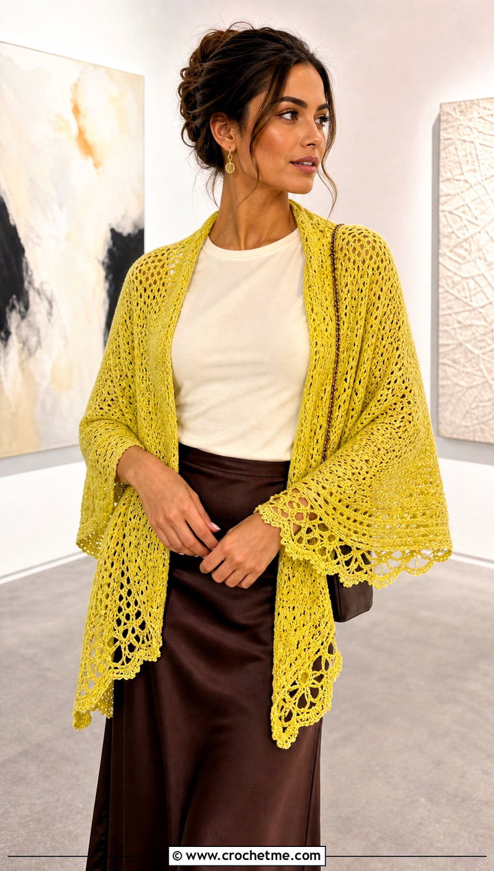 Lace Edge Mosaic Crochet Shawl With Satin Skirt - 30 mosaic crochet shawl outfit ideas