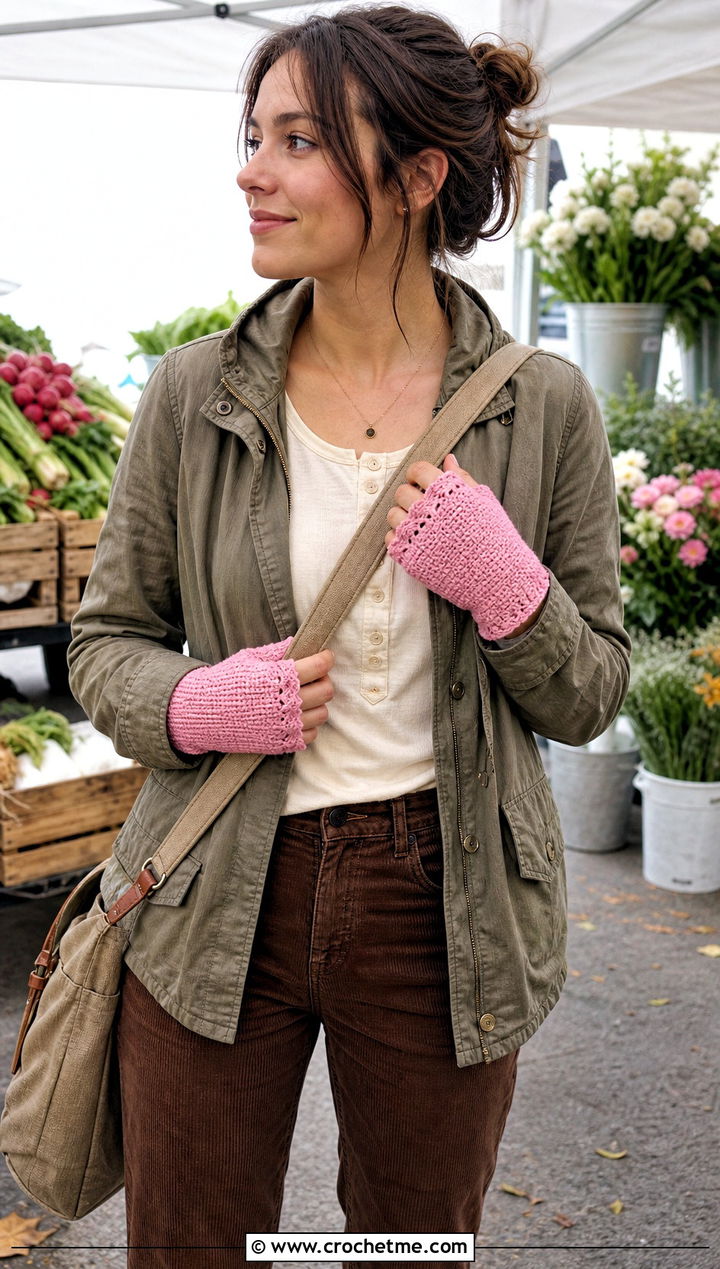 Lace Edge Moss Stitch Fingerless Gloves With Utility Jacket - 15 Crochet Moss Stitch Fingerless Gloves outfit ideas