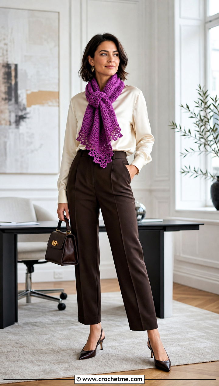 Lace Edge Moss Stitch Scarf With Satin Blouse And Tailored Pants - 35 crochet moss stitch scarf outfit ideas
