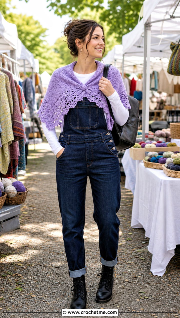 Lace Edge Outlander Shawl With Overalls - 35 crochet outlander shawl outfit ideas