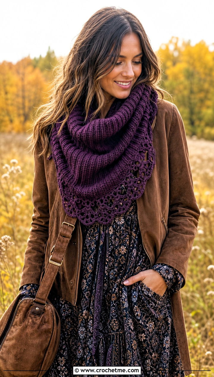 Lace Edge Ribbed Cowl With Maxi Dress - 20 Crochet Ribbed Cowl outfit ideas