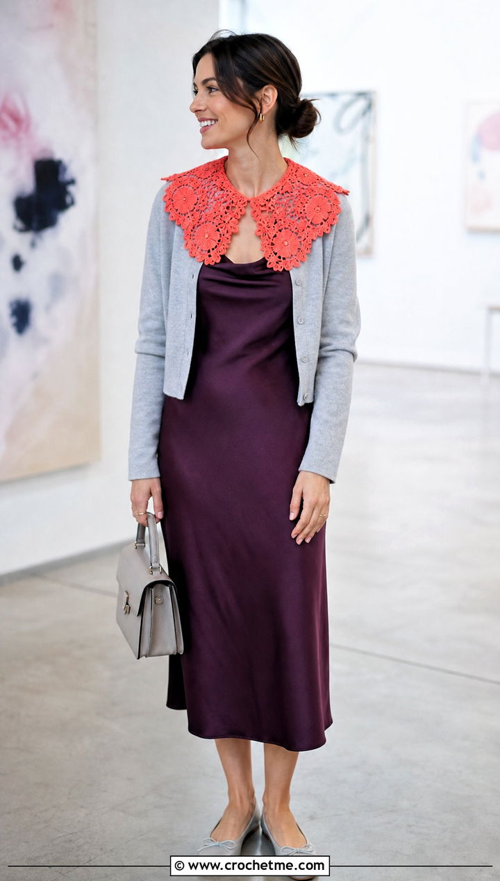 Lace Eyelet Floral Collar With Slip Dress - 15 handmade floral crochet collar outfit ideas