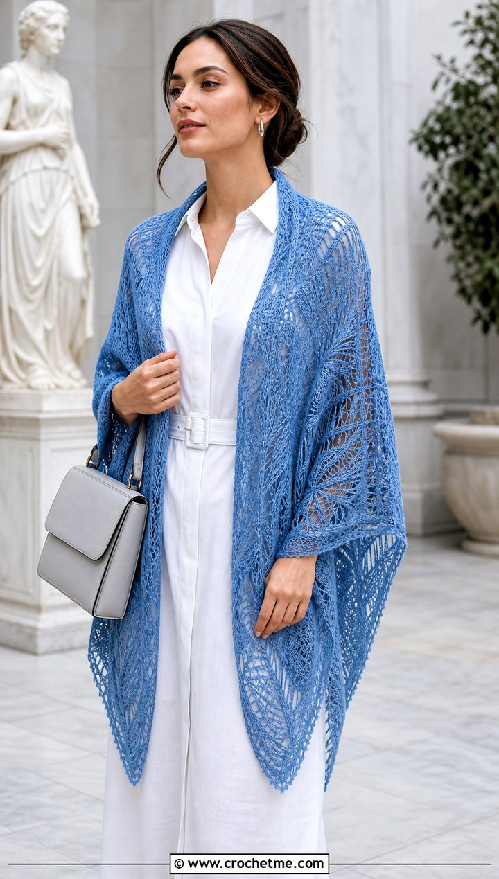 Lace Feather Crochet Shawl With Shirt Dress - 30 crochet feather shawl outfit ideas