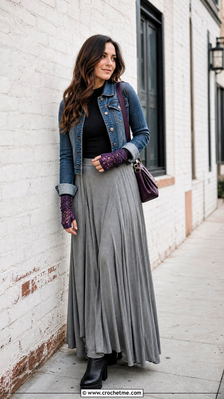 Lace Fingerless Crochet Mittens With Maxi Skirt - 35 crochet mittens outfit ideas