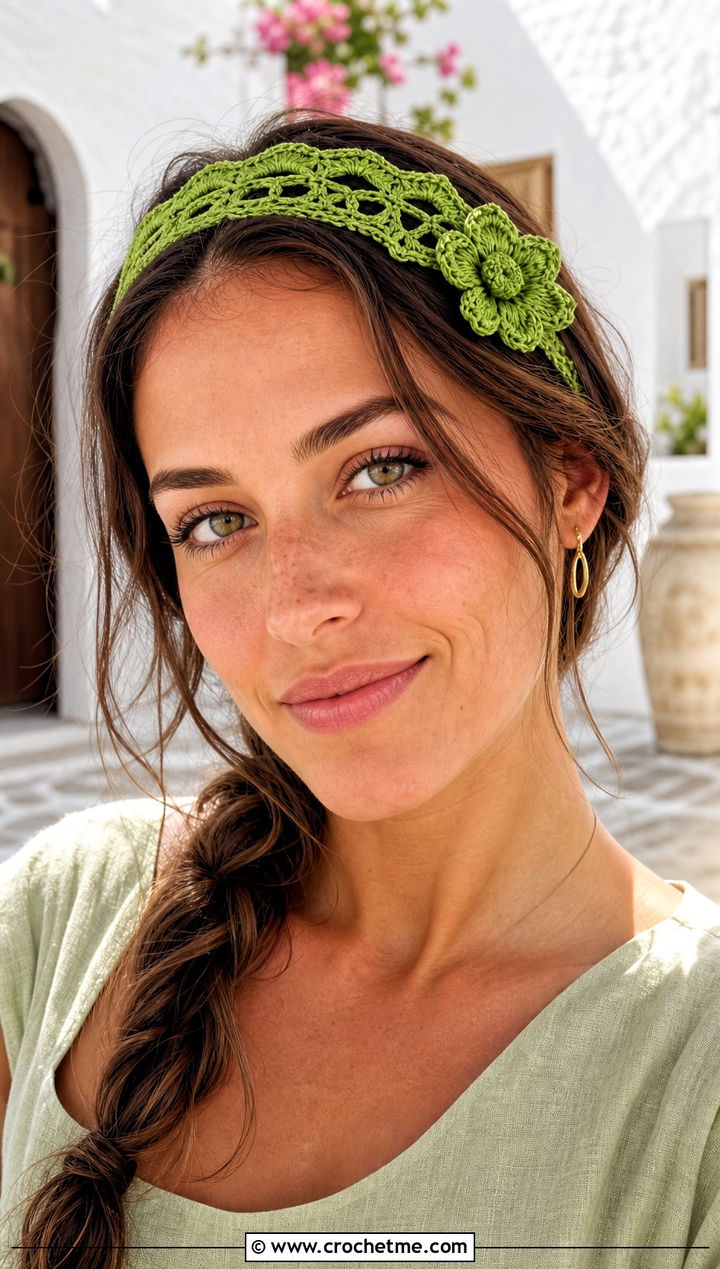 Lace Flower Crochet Headband With Linen Dress - 15 colorful crocheted headband with flower outfit ideas