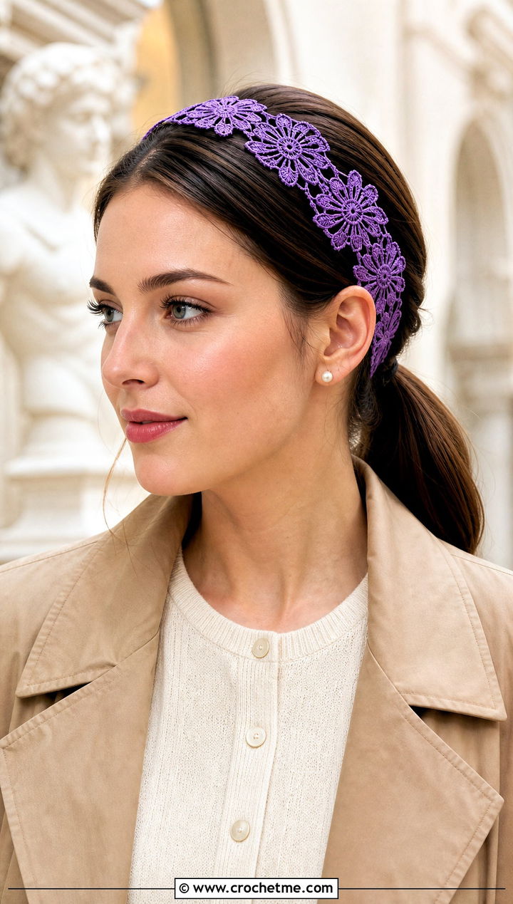 Lace Flower Elastic Crochet Headband With Old Money Outfit - 15 crochet flower headband with elastic outfit ideas