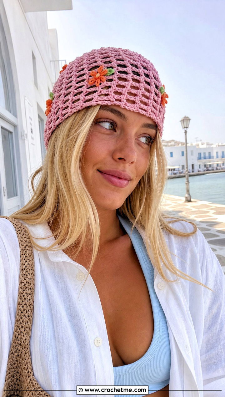 Lace Flower Mesh Beanie With Linen Shirt - 30 crochet flower beanie outfit ideas