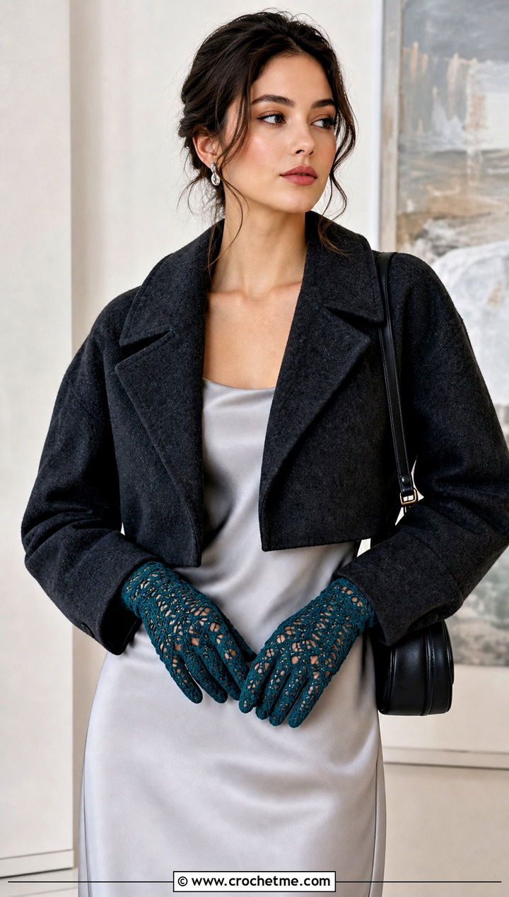 Lace Full Finger Crochet Gloves With Satin Midi Dress - 15 Crochet Fingered Gloves outfit ideas