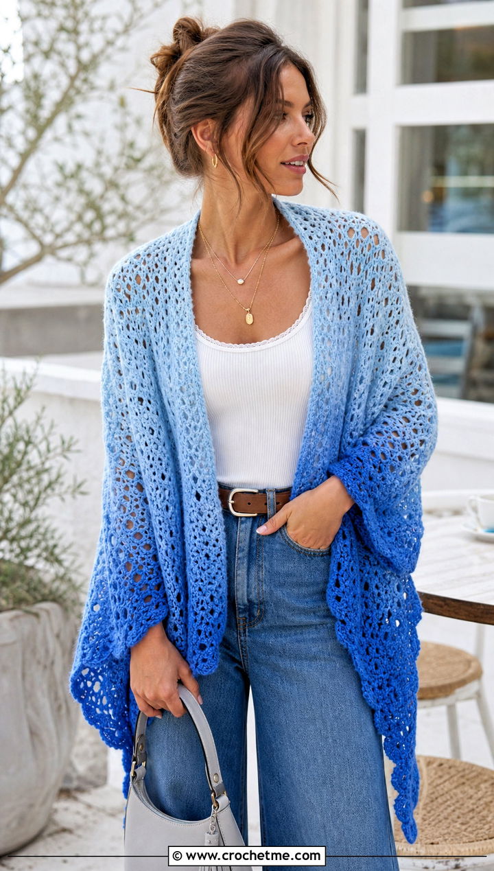Lace Gradient Shawl With Wide Leg Jeans - 15 Crochet Gradient Shawl outfit ideas