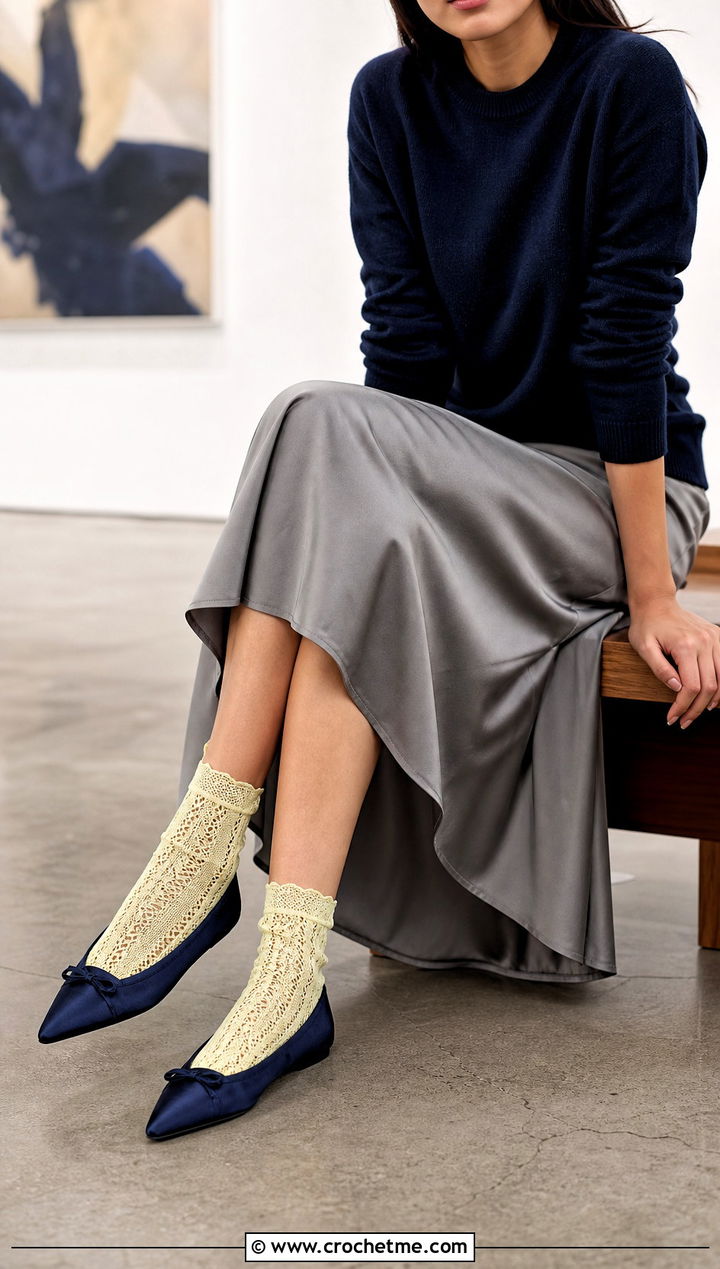 Lace Granny Ankle Socks With Satin Slip Skirt - 25 Crochet Granny Socks outfit ideas