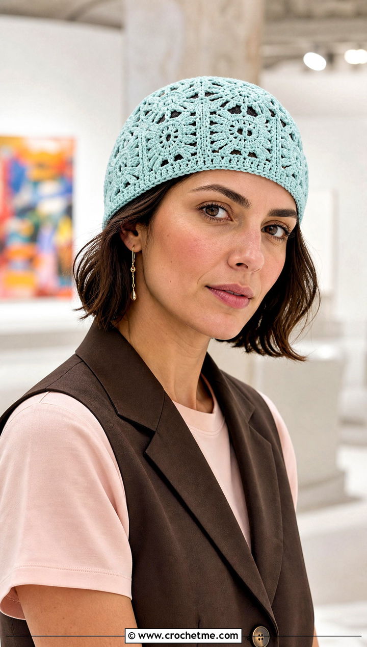 Lace Granny Square Beanie With Tailored Vest And Maxi Skirt - 25 square crochet beanie outfit ideas