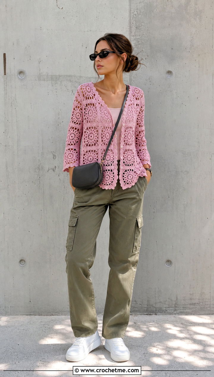 Lace Granny Square Blouse With Cargo Pants - 35 granny squares top outfit ideas