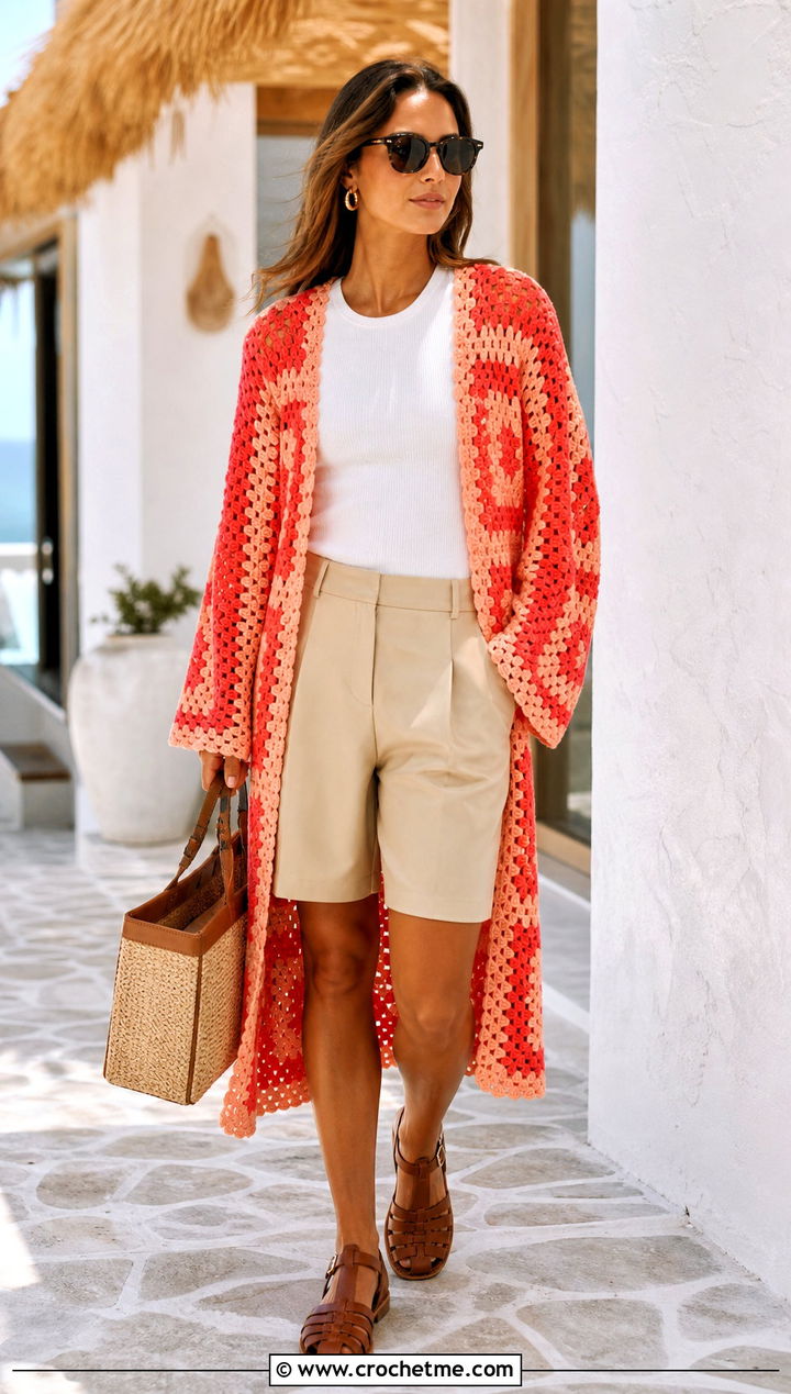Lace Granny Square Coat With Tailored Shorts - 30 crochet granny square coat outfit ideas