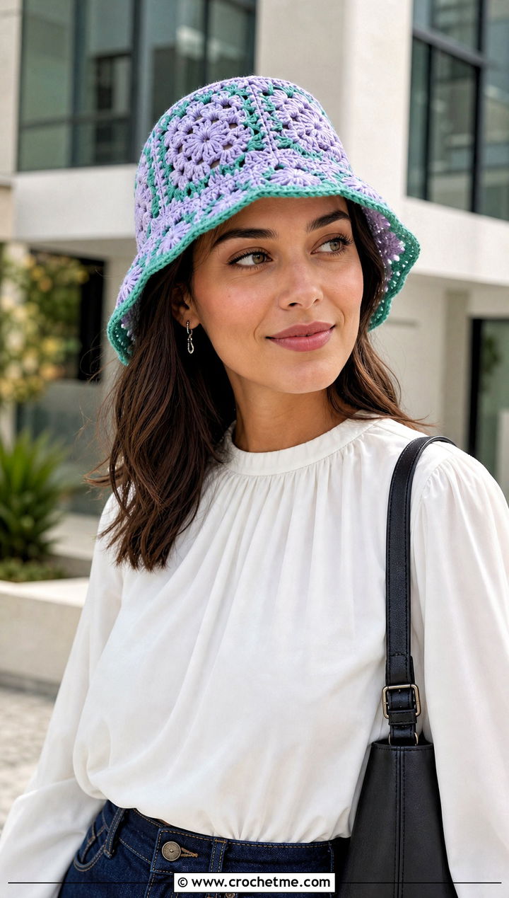 Lace Granny Square Crochet Bucket Hat With Blouse And Jeans - 35 granny square crochet bucket hat outfit ideas