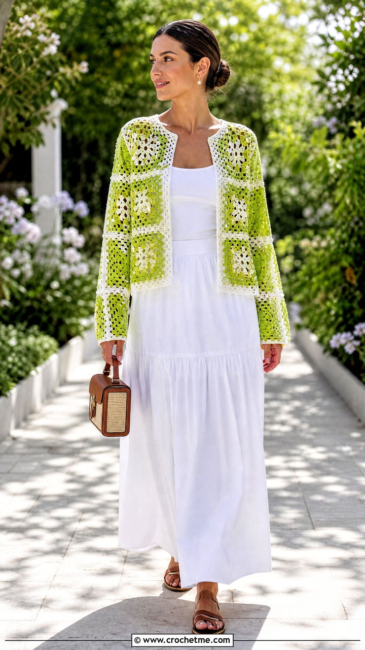Lace Granny Square Crochet Cardigan With Poplin Maxi Skirt - 35 granny square crochet cardigan outfit ideas