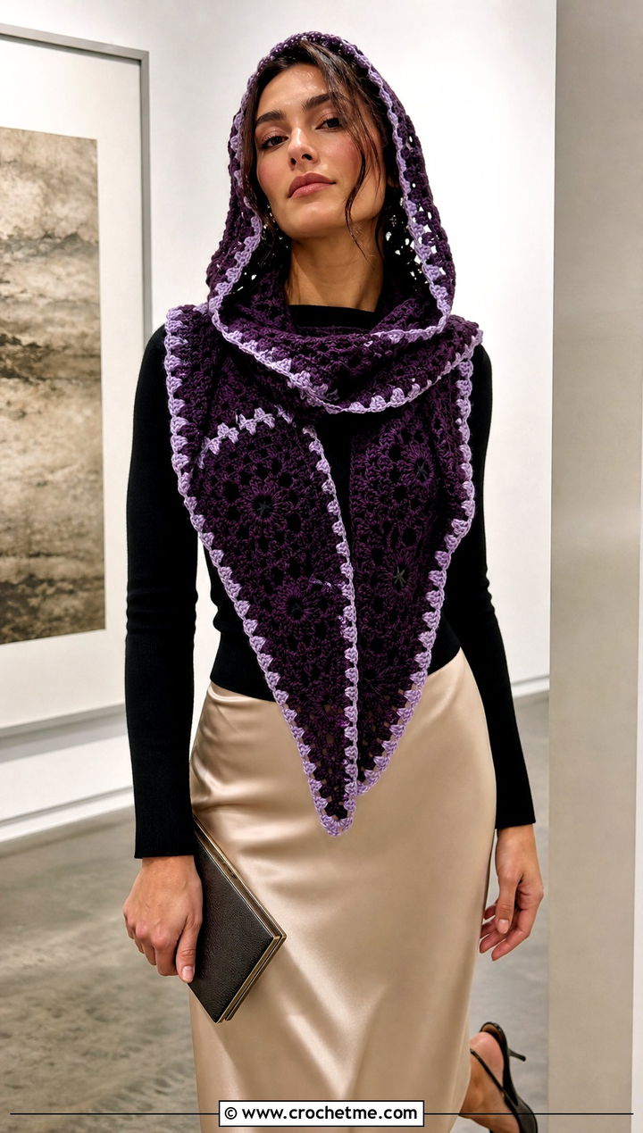 Lace Granny Square Crochet Hooded Scarf With Satin Skirt - 30 Granny Square Crochet Hooded Scarf outfit ideas