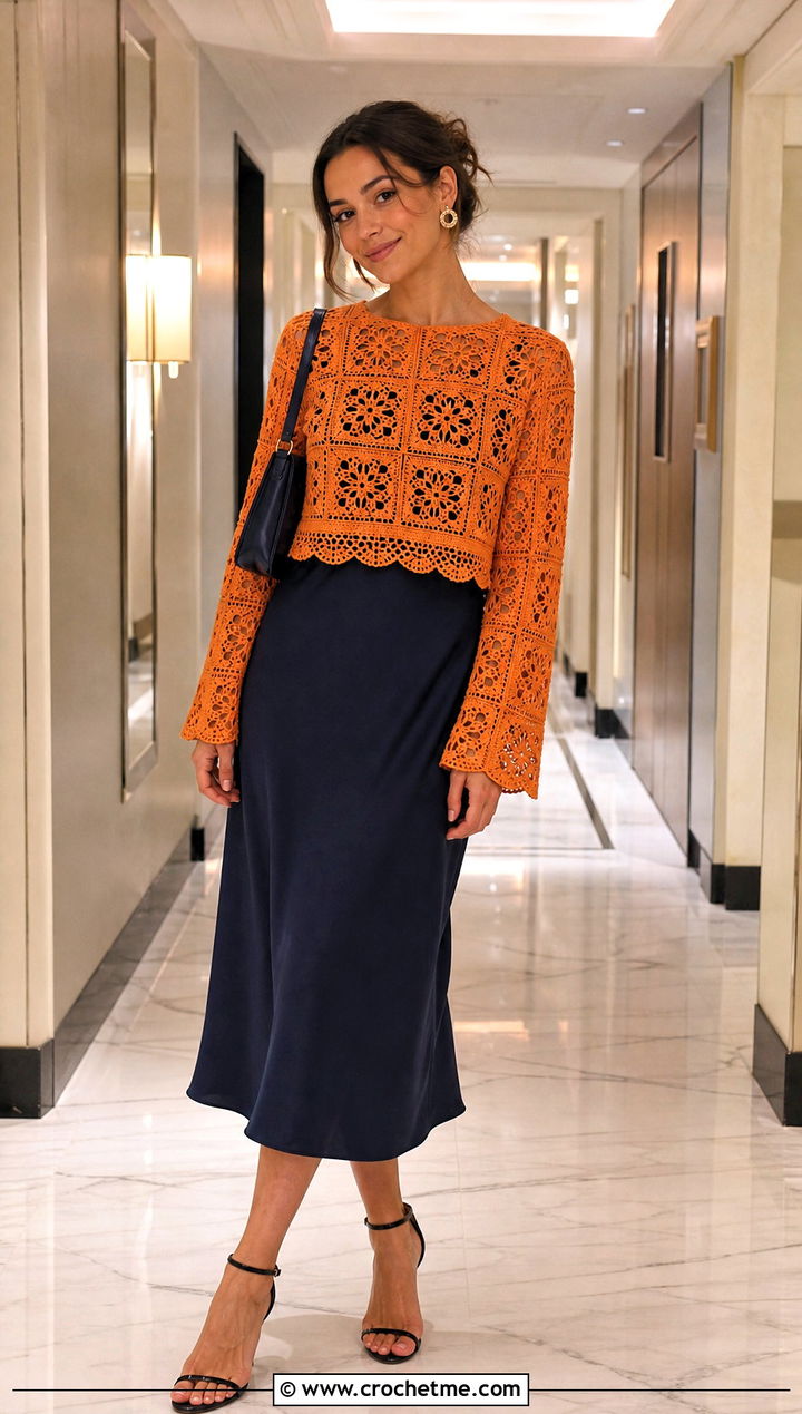 Lace Granny Square Crochet Long Sleeve Top Over A Slip Dress - 25 Granny Square Crochet Long Sleeve Top outfit ideas