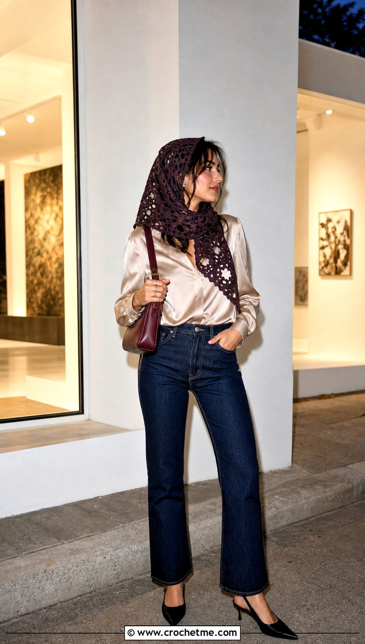 Lace Granny Square Head Scarf With Satin Blouse And Tailored Jeans - 35 granny square head scarf outfit ideas