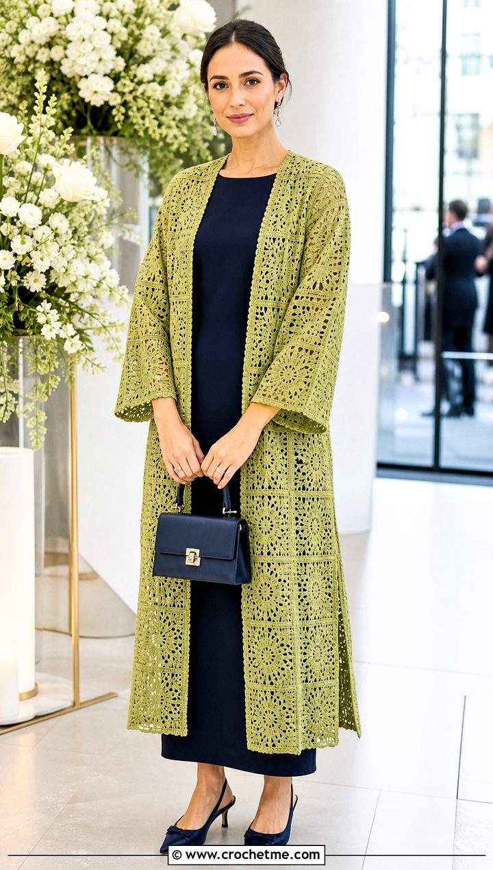 Lace Granny Square Kimono With Column Dress - 15 crochet granny square kimono outfit ideas