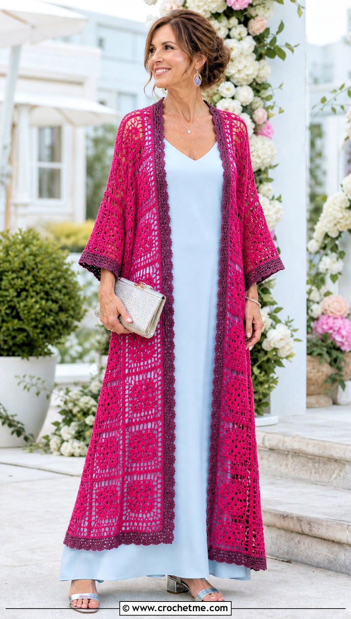 Lace Granny Square Kimono With Maxi Dress - 30 granny square kimono outfit ideas