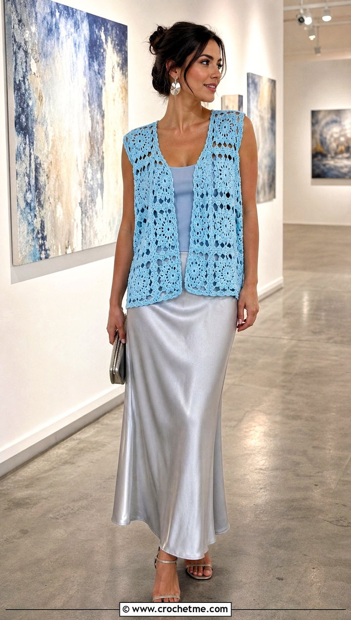 Lace Granny Square Open Vest With Satin Maxi Skirt - 25 granny square open vest outfit ideas