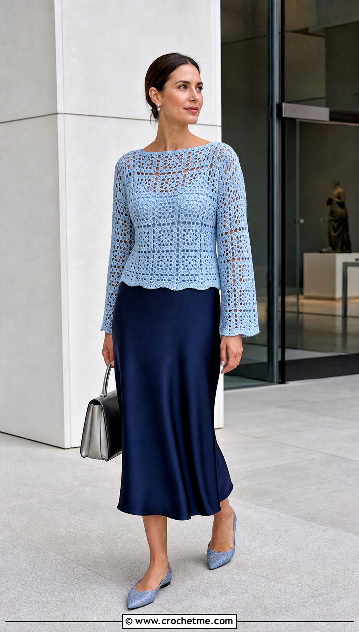 Lace Granny Square Pullover With Bias Cut Skirt - 25 granny crochet sweater outfit ideas