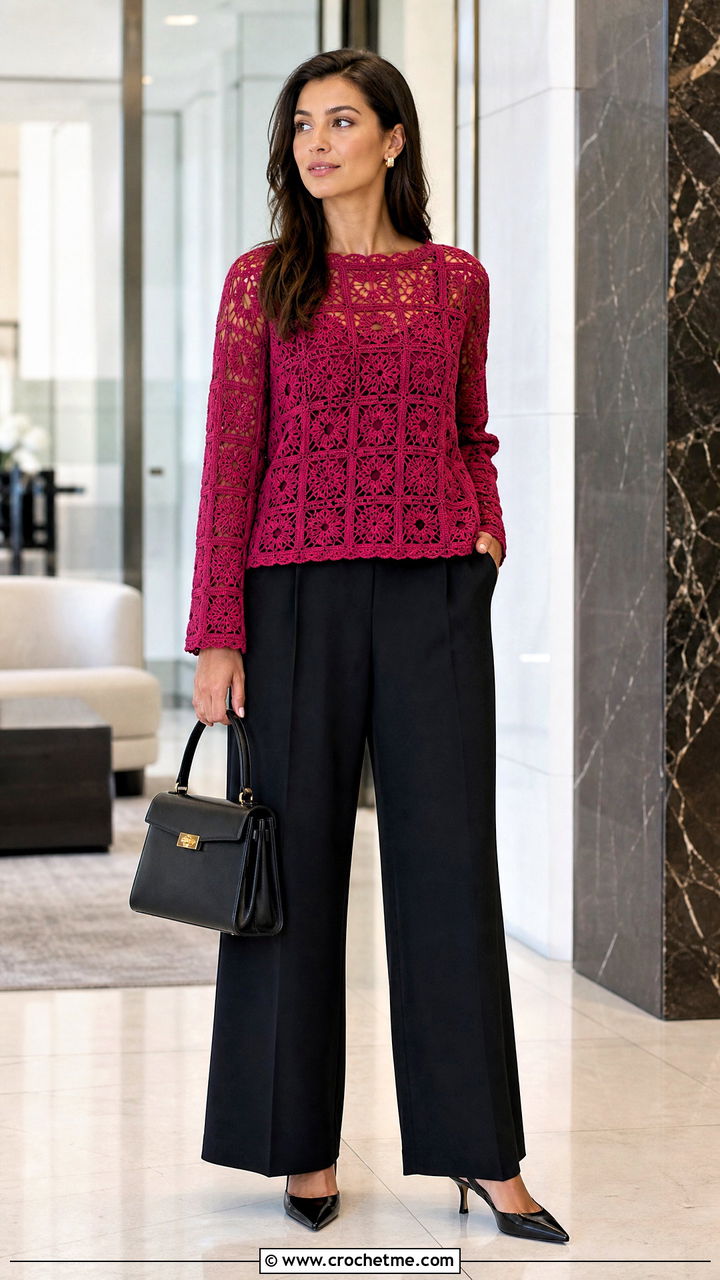 Lace Granny Square Pullover With Tailored Suit Pants - 35 crochet granny square pullover outfit ideas