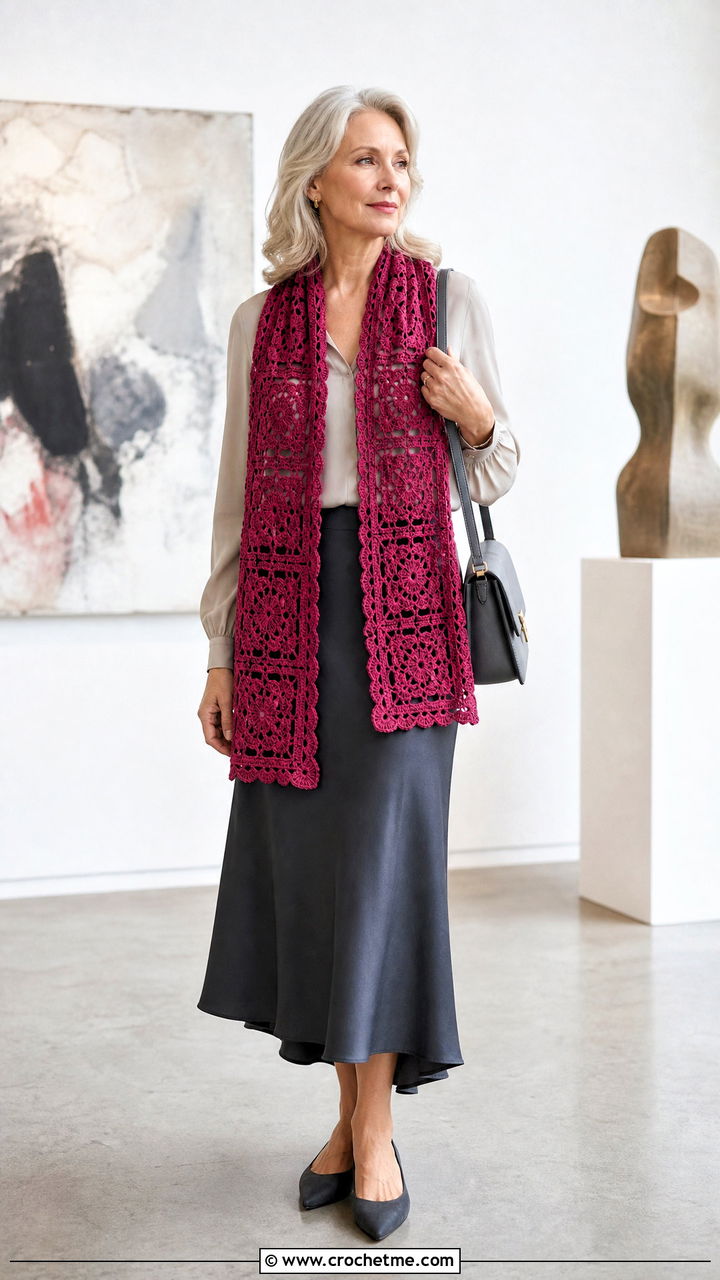 Lace Granny Square Scarf With Blouse And Midi Skirt - 35 granny square scarf outfit ideas