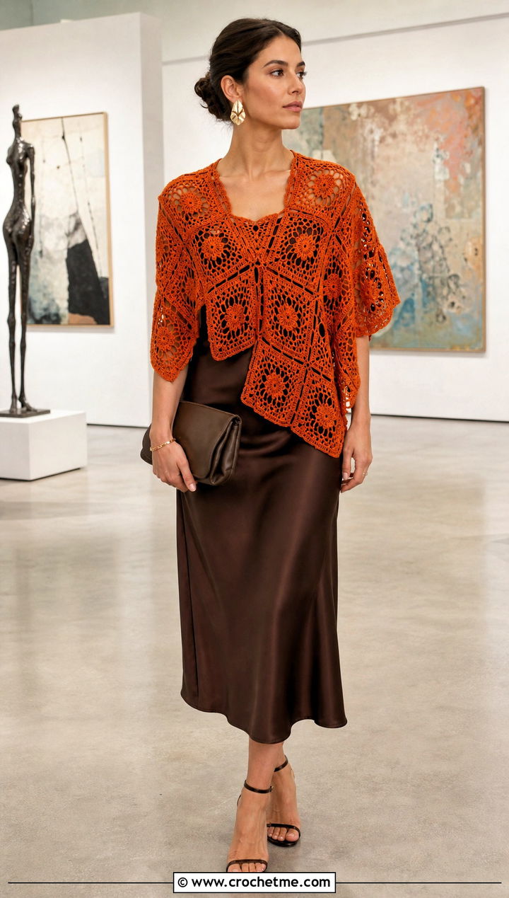 Lace Granny Square Shawl With Satin Midi Dress - 35 granny square shawl outfit ideas