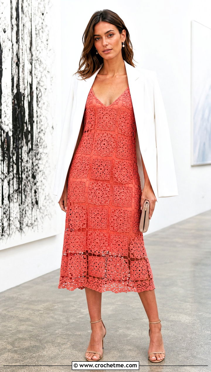 Lace Granny Square Slip Dress With Tailored Blazer - 35 Granny Square Outfit ideas