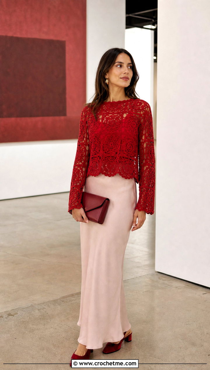 Lace Granny Square Sweater With Bias Cut Maxi Skirt - 35 Crochet Square Sweater outfit ideas