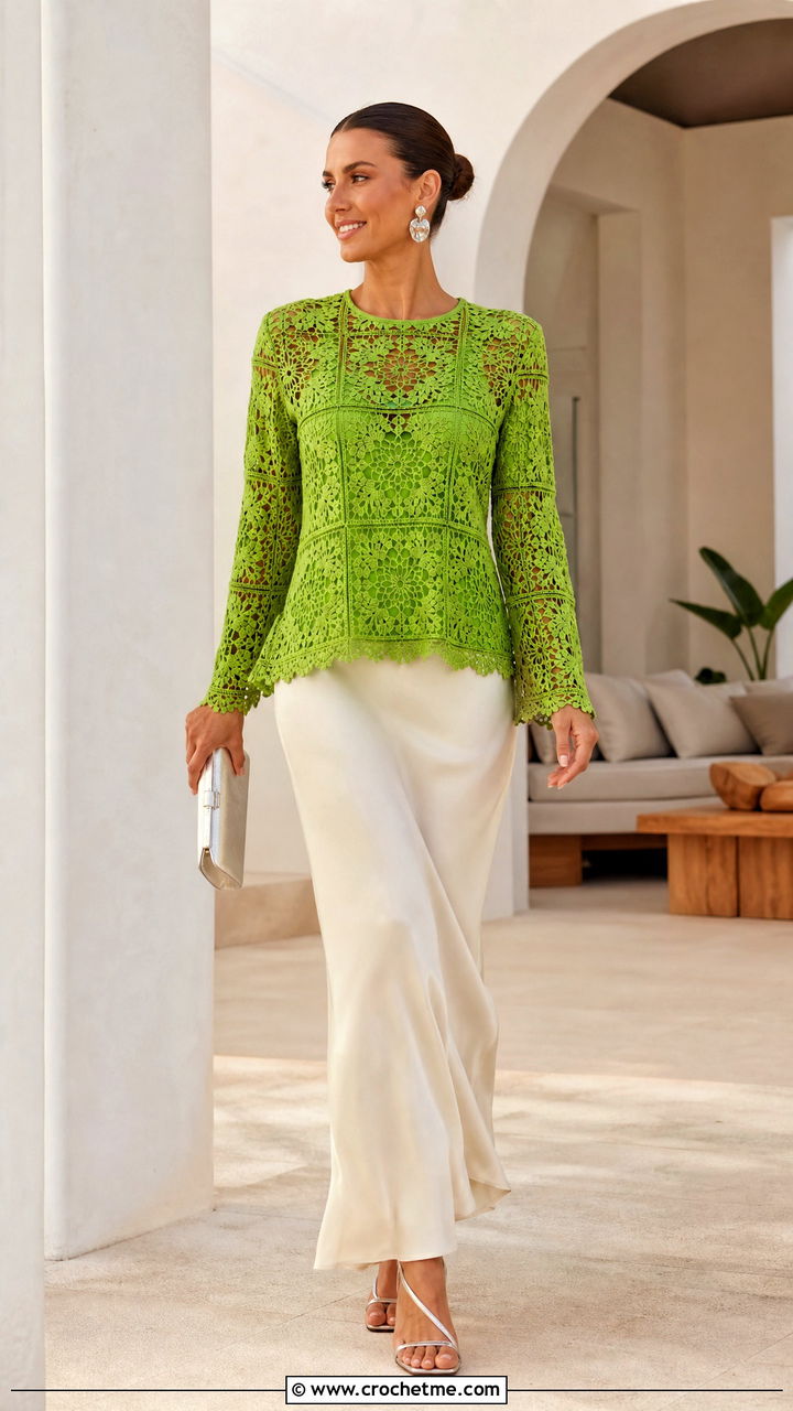 Lace Granny Square Top With Bias Cut Pants - 35 crochet granny square tops outfit ideas