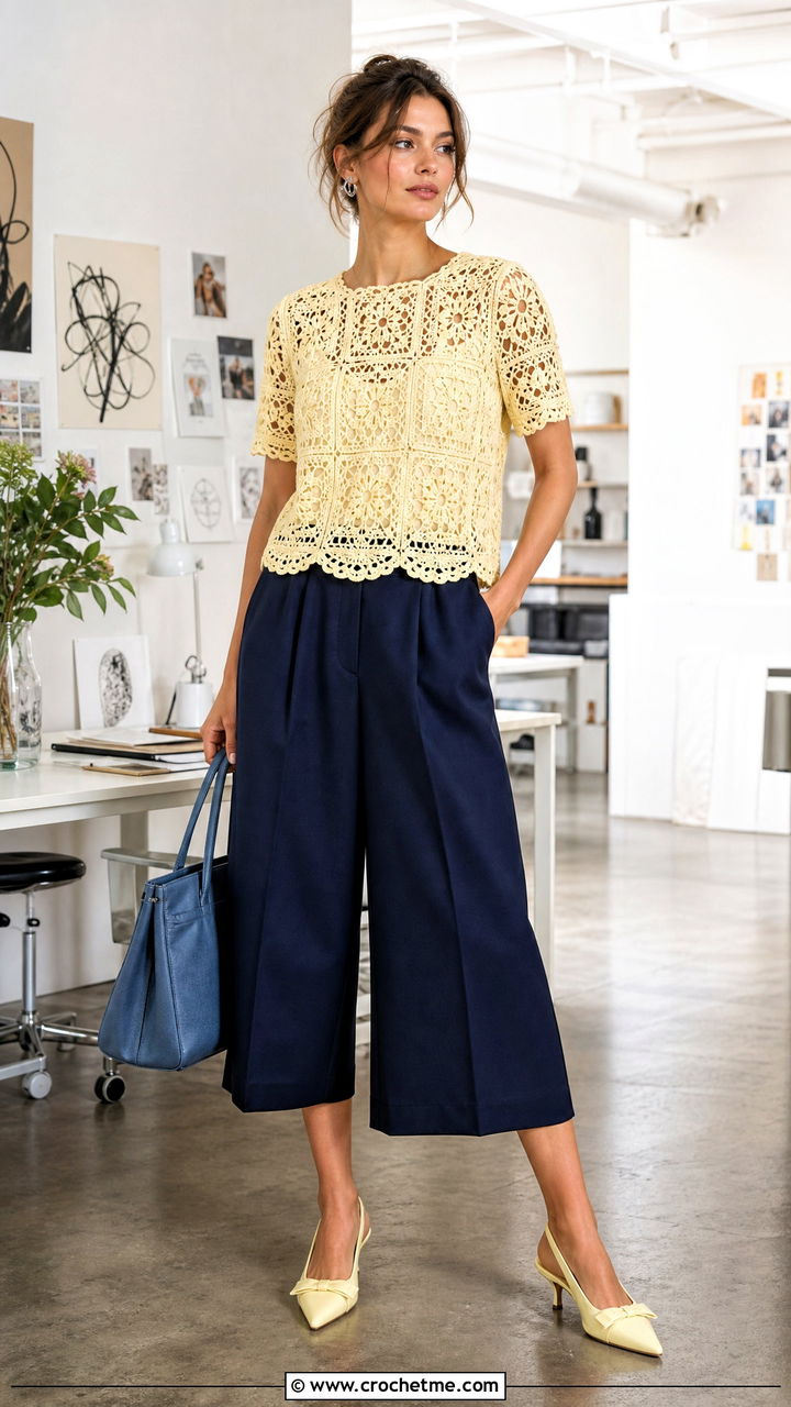 Lace Granny Square Top With Tailored Culottes - 35 crochet granny square top outfit ideas