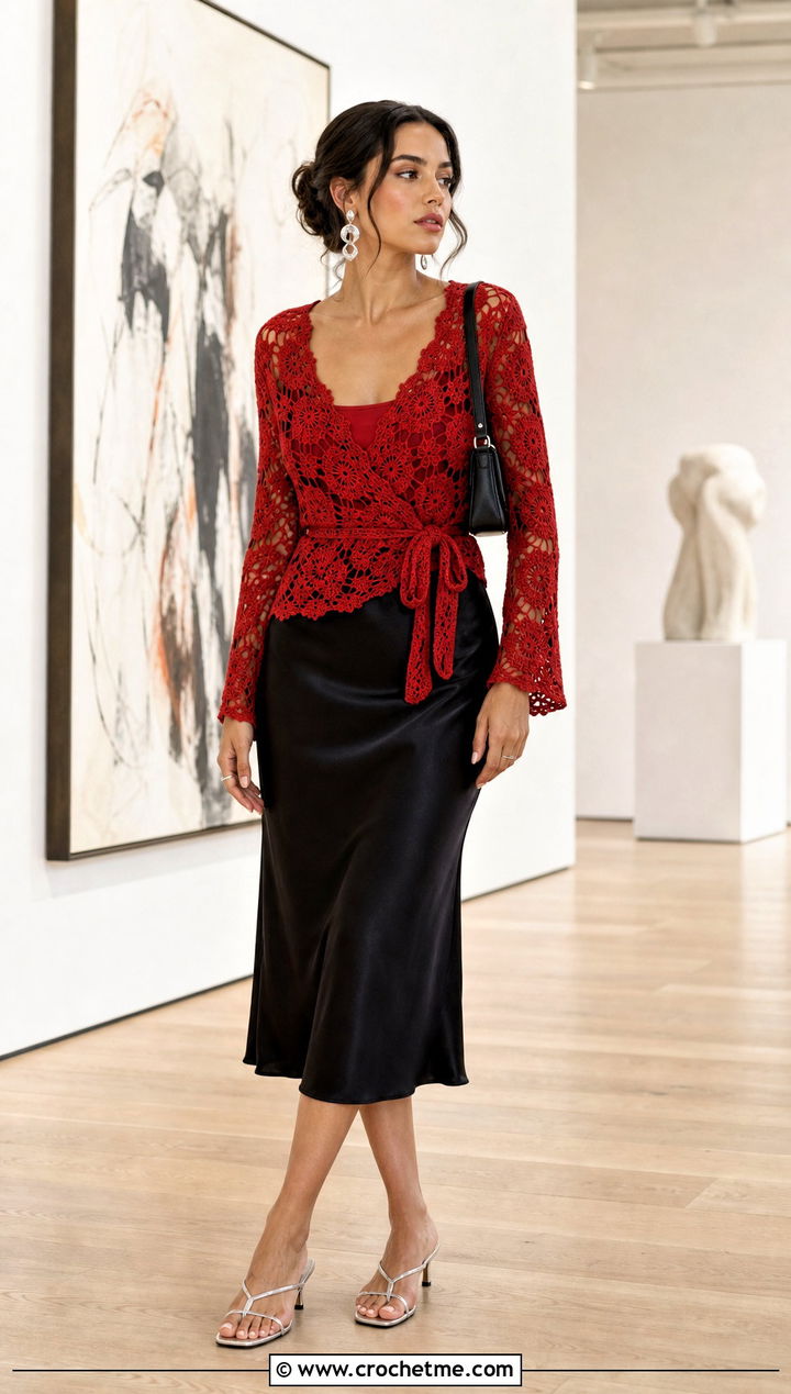 Lace Granny Square Wrap Top With Satin Midi Skirt - 35 granny square wrap top outfit ideas