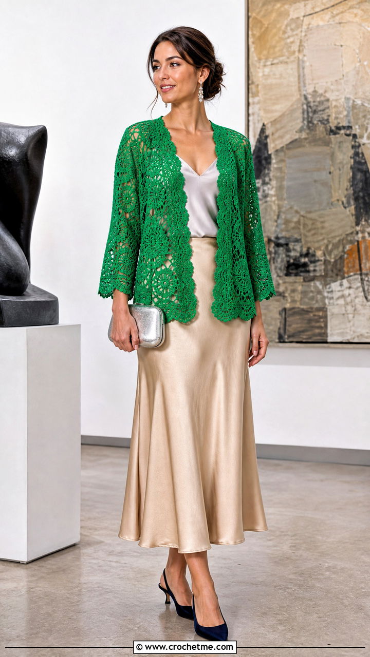 Lace Green Crochet Cardigan With a Satin Midi Skirt - 35 green crochet cardigan outfit ideas
