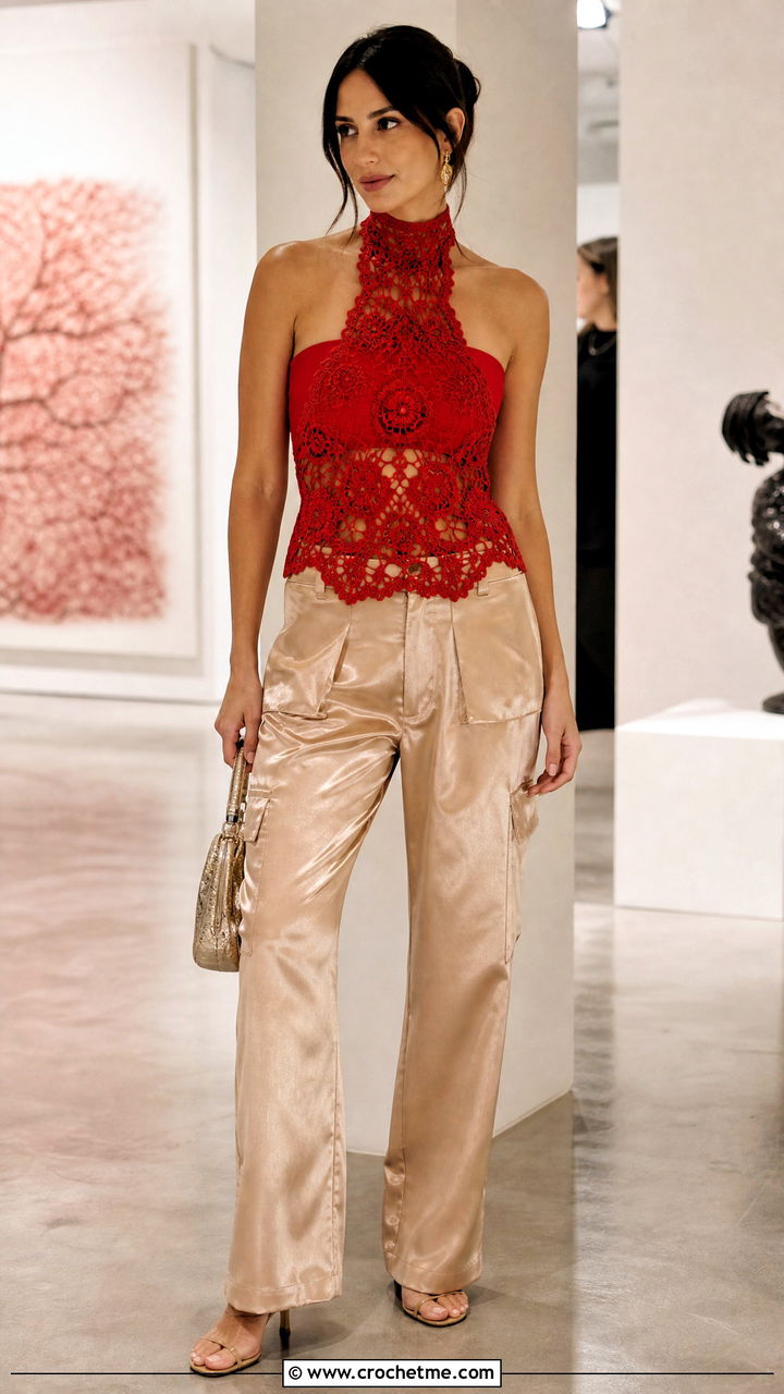 Lace Halter Crochet Top With Satin Cargo Pants - 35 halter crochet top outfit ideas