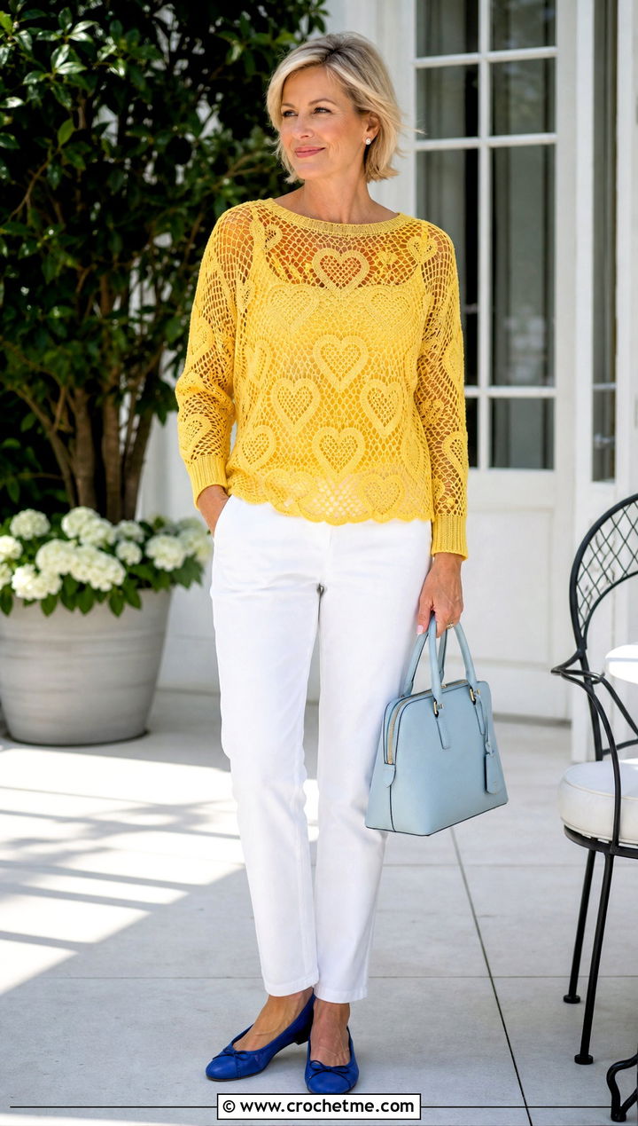 Lace Heart Crochet Sweater With White Jeans - 35 crochet heart sweater outfit ideas