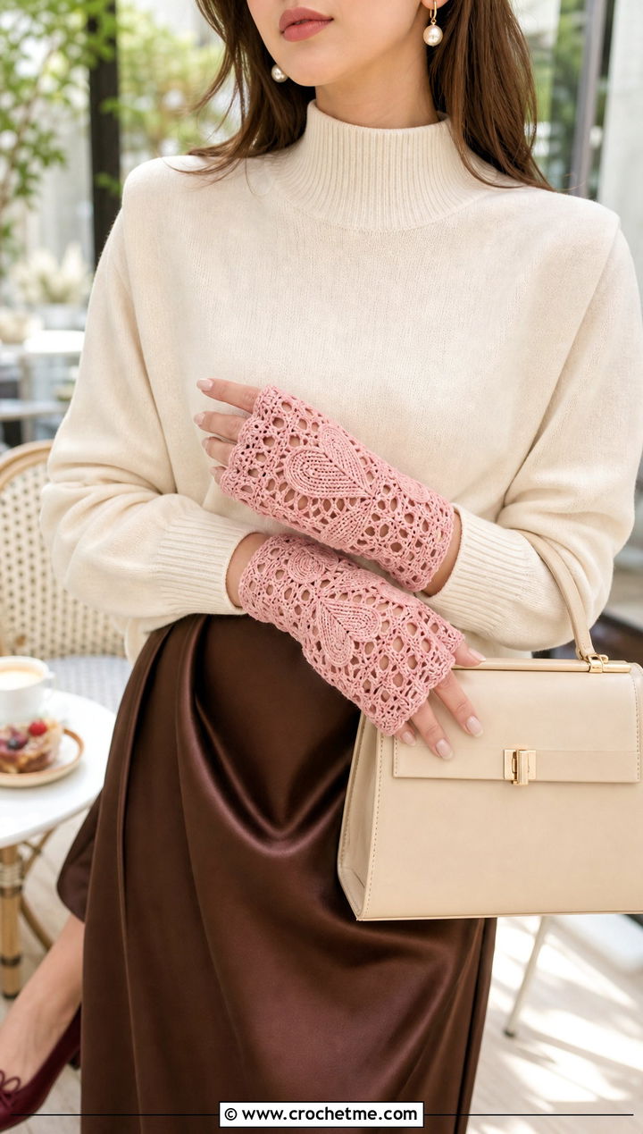 Lace Heart Fingerless Gloves With Satin Skirt - 15 Heart Crochet Gloves outfit ideas