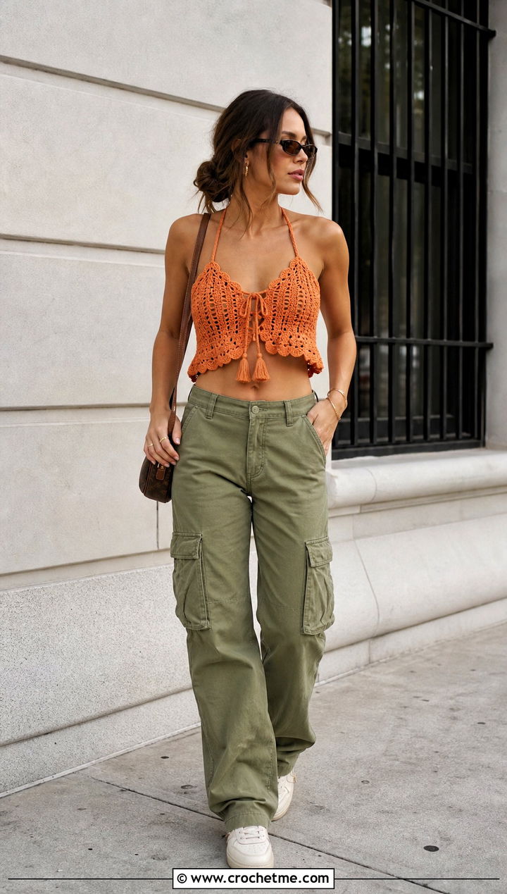 Lace Hem Sophia Crop Top With Cargo Pants - 15 Crochet Sophia Crop Top outfit ideas