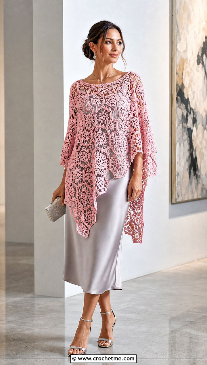 Lace Hexagon Crochet Poncho With Slip Dress - 20 Hexagon Crochet Poncho outfit ideas