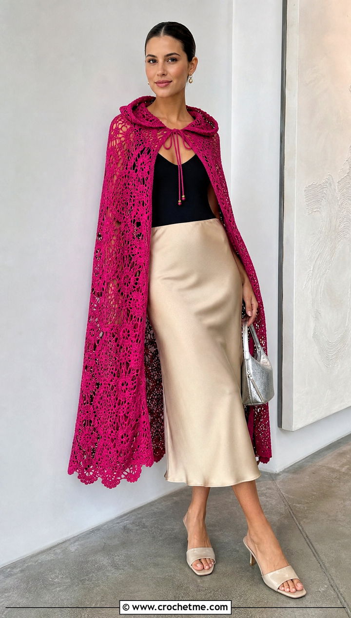 Lace Hooded Crochet Cape With Satin Skirt - 25 Hooded Crochet Cape outfit ideas