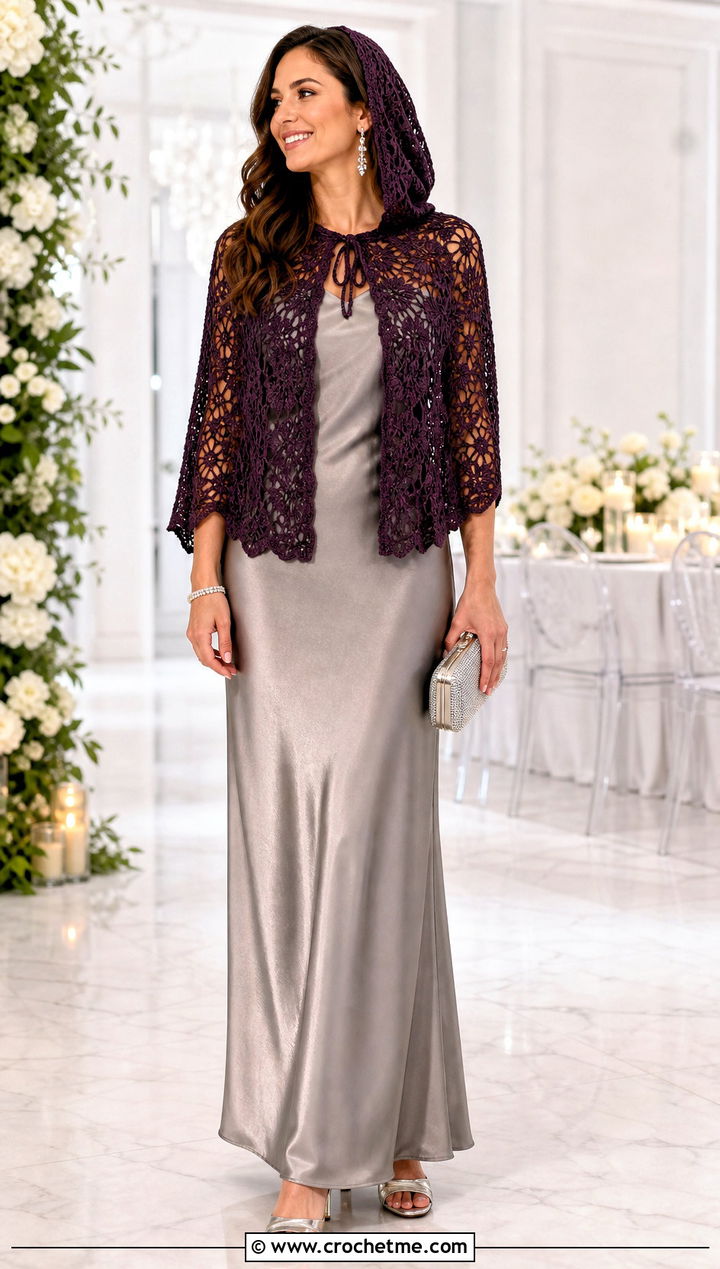 Lace Hooded Crochet Shrug With Satin Maxi Dress - 25 hooded crochet shrug outfit ideas