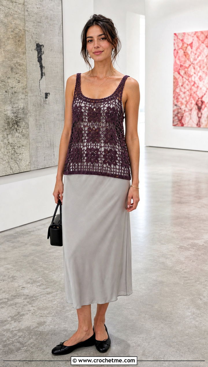 Lace Join Granny Square Crochet Tank Top With A Slip Dress - 25 Granny Square Crochet Tank Top outfit ideas